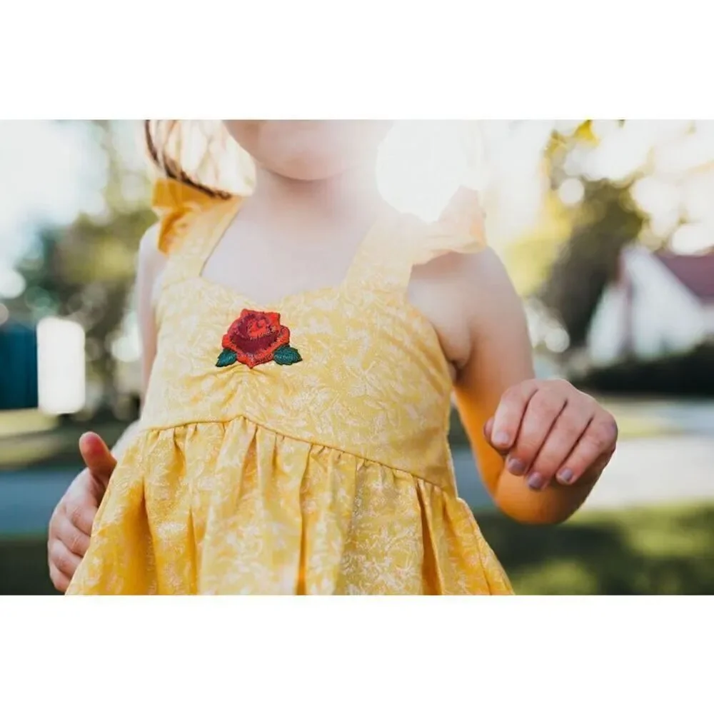 Handmade Boutique Childs Belle Yellow Marbled Sweetheart Bodice Embroidered Rose